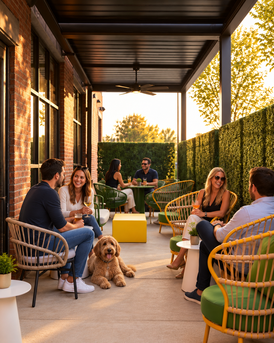 Guests enjoying drinks with a dog on the patio at golden hour